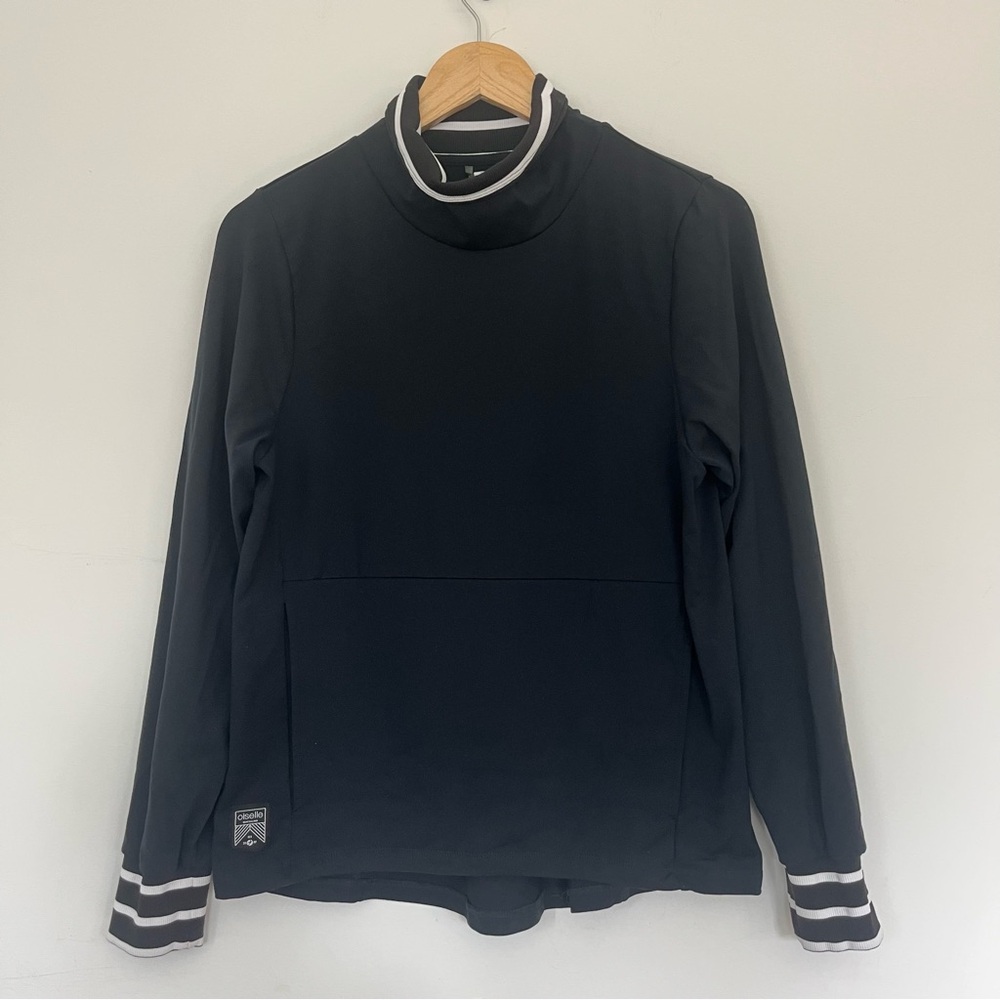 Oiselle Lux Black Long Sleeve Top with Striped Cuffs and Kangaroo Pouch